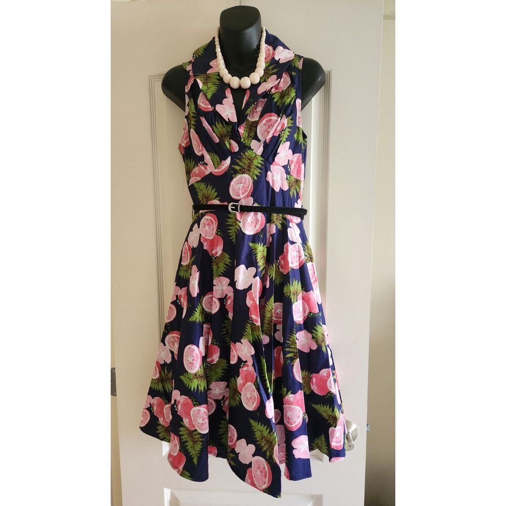 Rebel Love Blue Pink Grapefruit Sleeveless Cotton Dress Rockabilly Tiki Sz S NWT